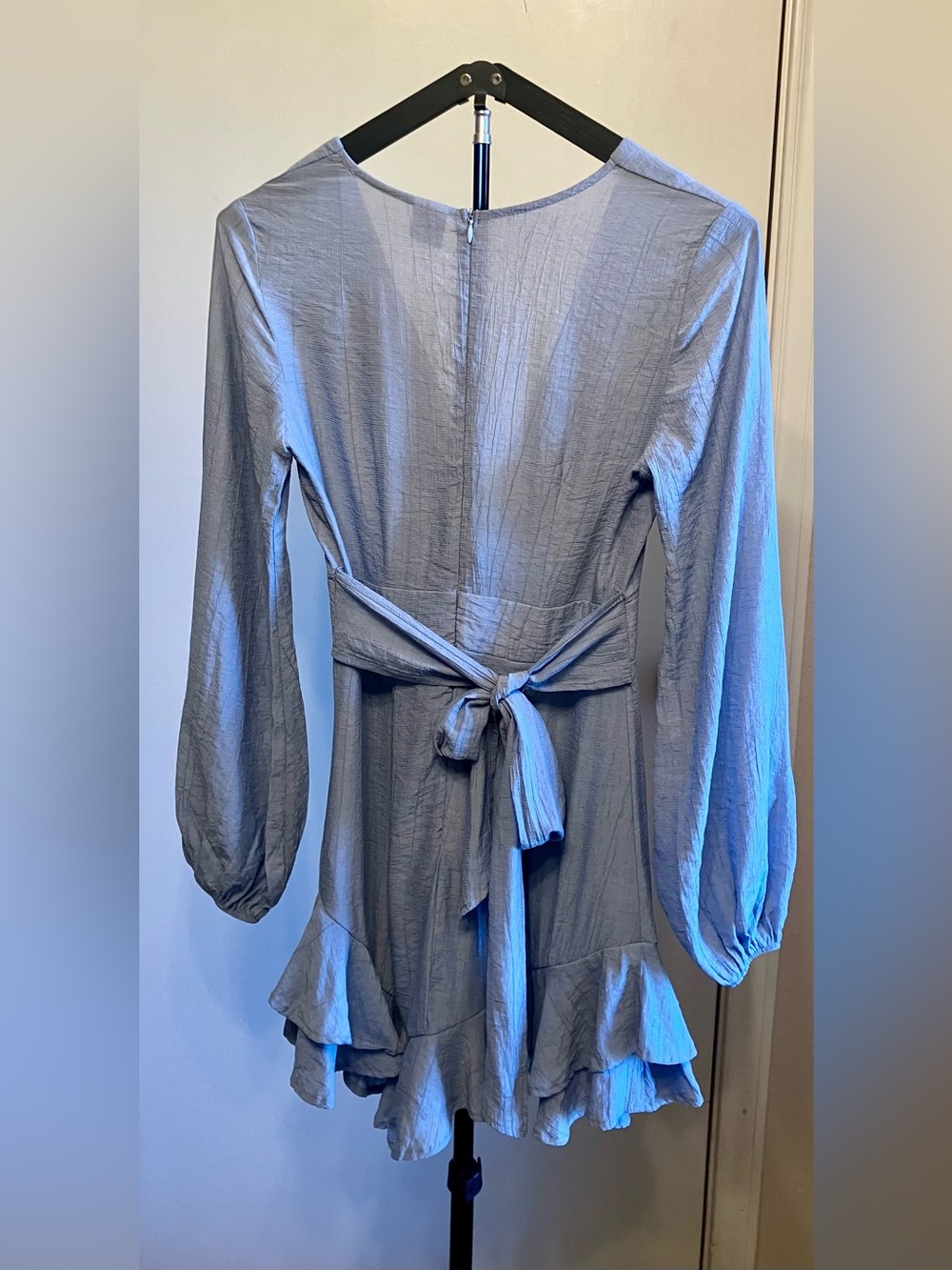 Angel Biba Dusty Blue Ruffle Mini Dress Waist Tie Sashes - Size Small - Picture 7 of 7